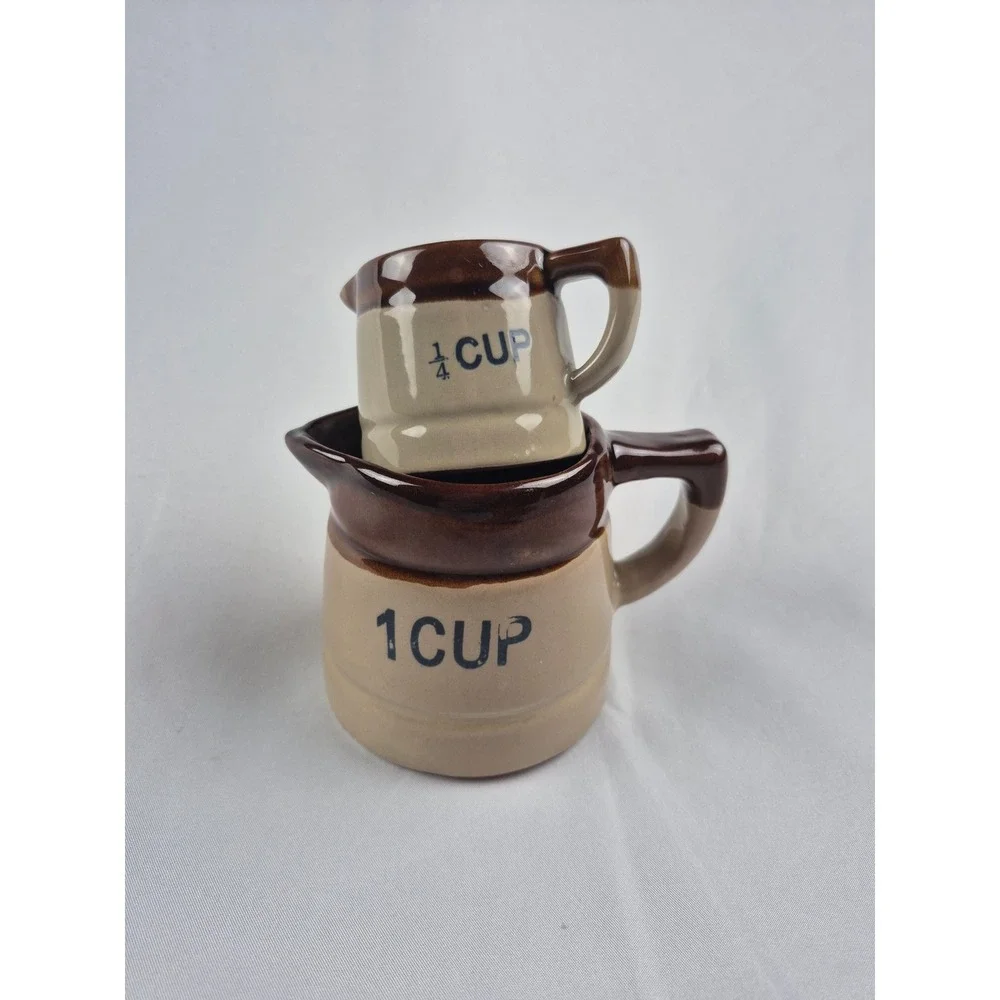 Vintage Stoneware Measuring Cup Set 1 Cup & 1/4 Cup Brown Tan Ceramic Pitchers